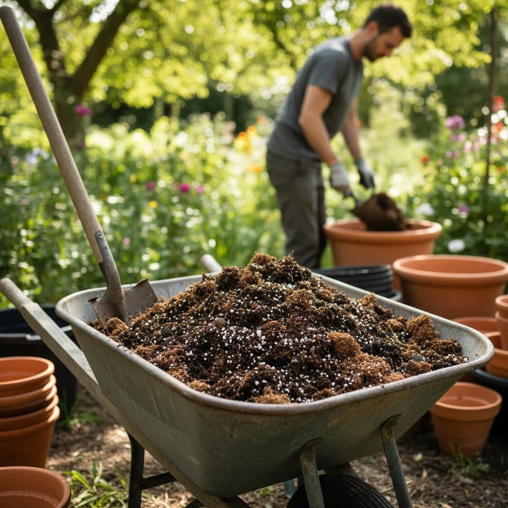 A gardener blending peat moss, compost, perlite, and organic amendments in a large metal wheelbarrow for container planting.