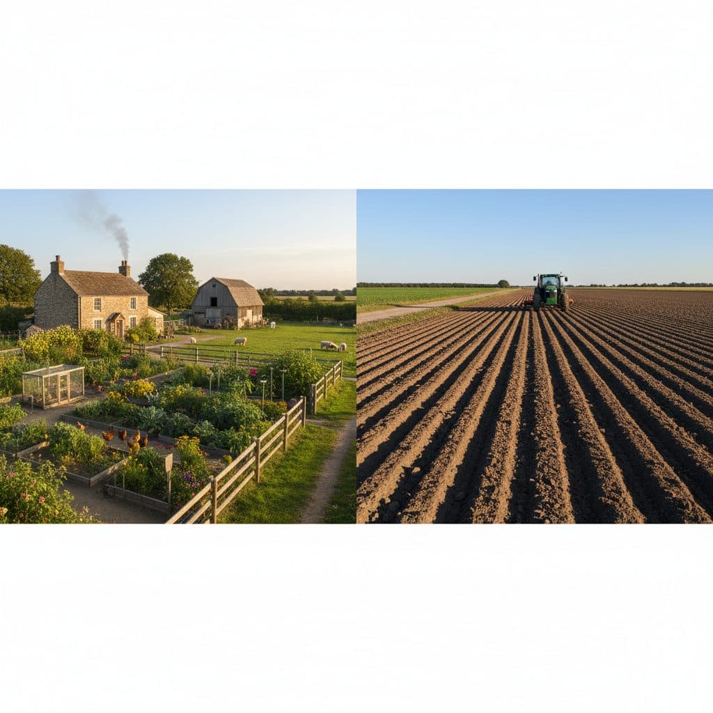 A split scenic landscape showing a diversified homestead with gardens and small livestock beside an expansive commercial farm with tractor furrows.