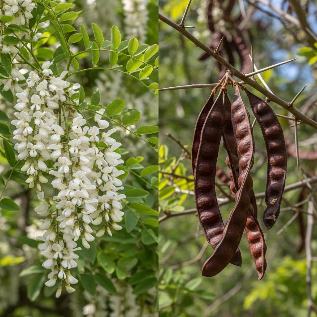 Side-by-side botanical comparison showing hanging white flowers of black locust beside large sweet seed pods and branched thorns of honey locust.