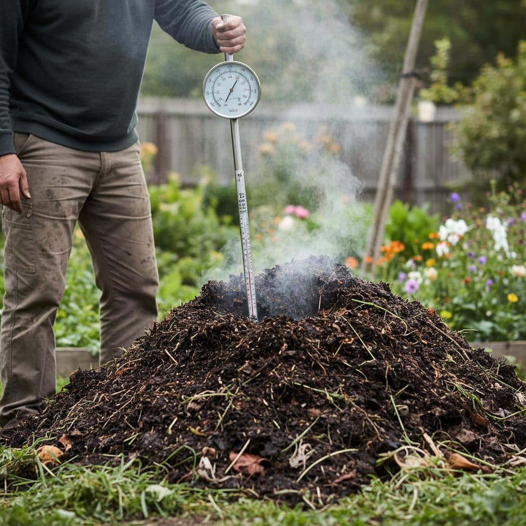 A gardener checking the internal temperature of a steaming active hot compost pile with a stainless steel dial compost thermometer.