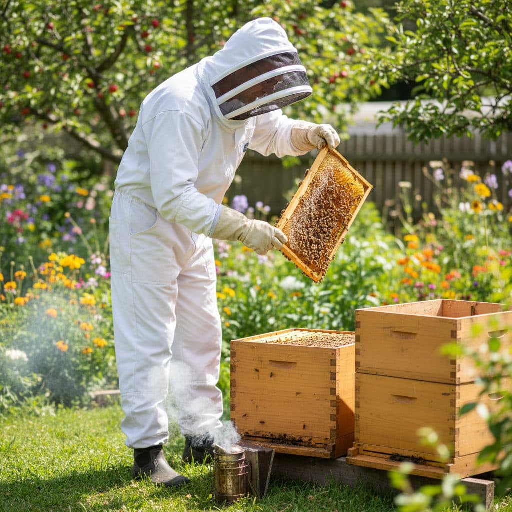 A beginner beekeeper in a full protective bee suit inspecting a honey frame from a cedar Langstroth hive.