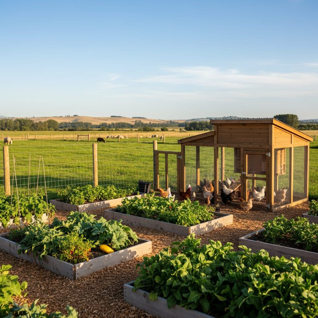 A small organized rural homestead with a productive vegetable garden, secure poultry coop, and perimeter fencing against a backdrop of rolling pastures.