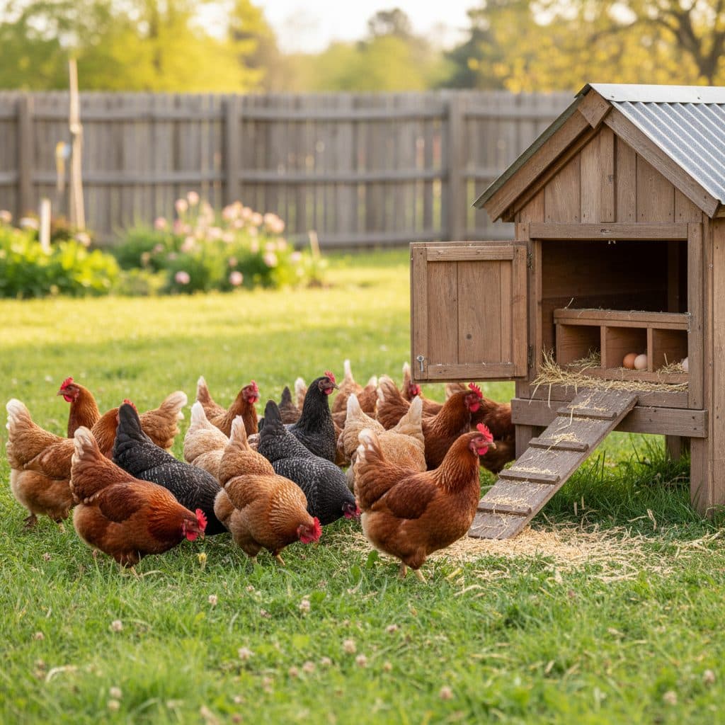 A flock of healthy heritage laying hens foraging on green pasture beside a wooden backyard coop with clean nesting boxes.