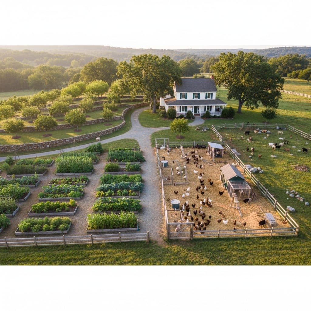 An organized 3-acre homestead layout showing a farmhouse, vegetable garden, multi-tier orchard, fenced chicken run, and goat pasture under morning sunlight.