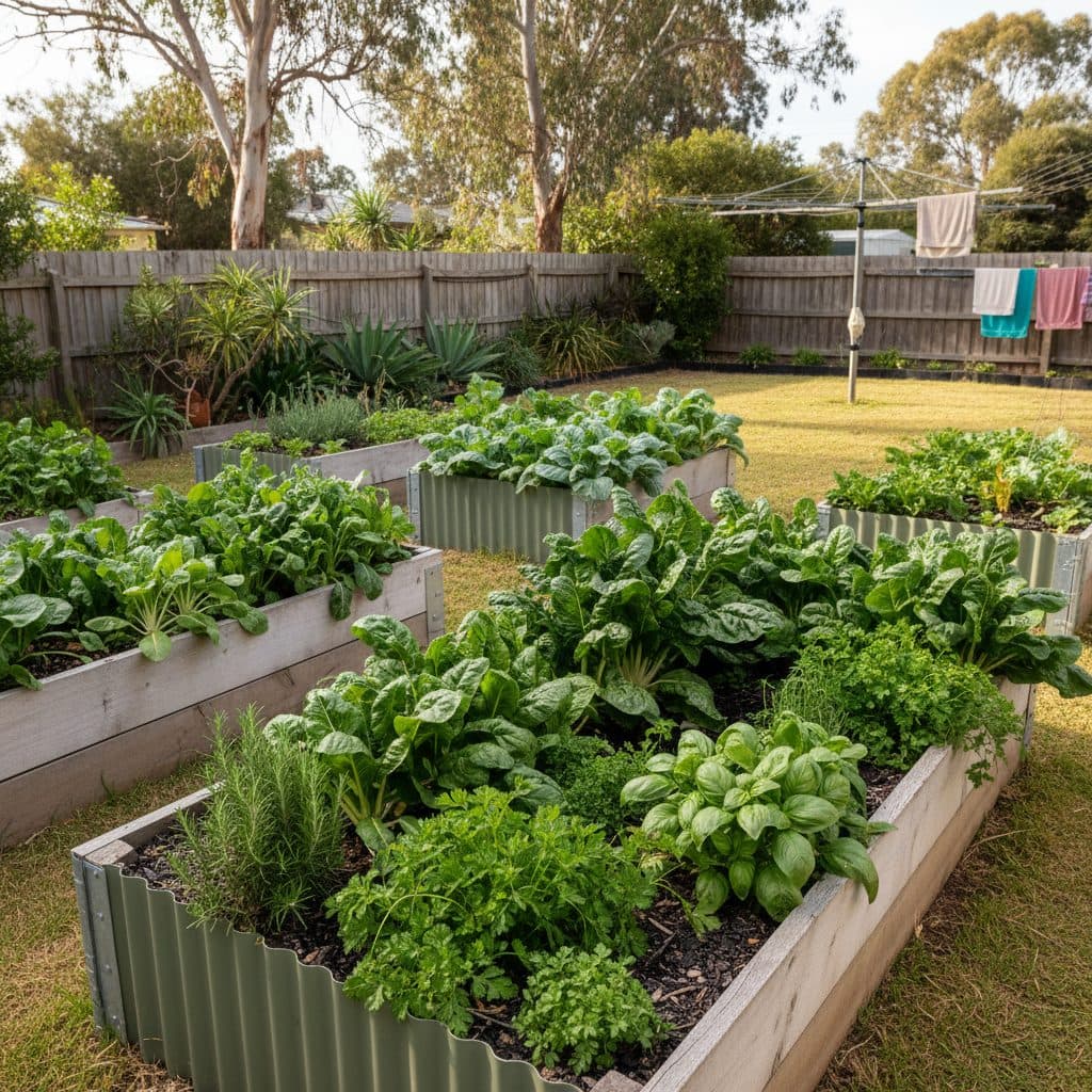 An Australian backyard with raised timber and corrugated Colorbond veggie patches filled with lush green silverbeet and herbs.
