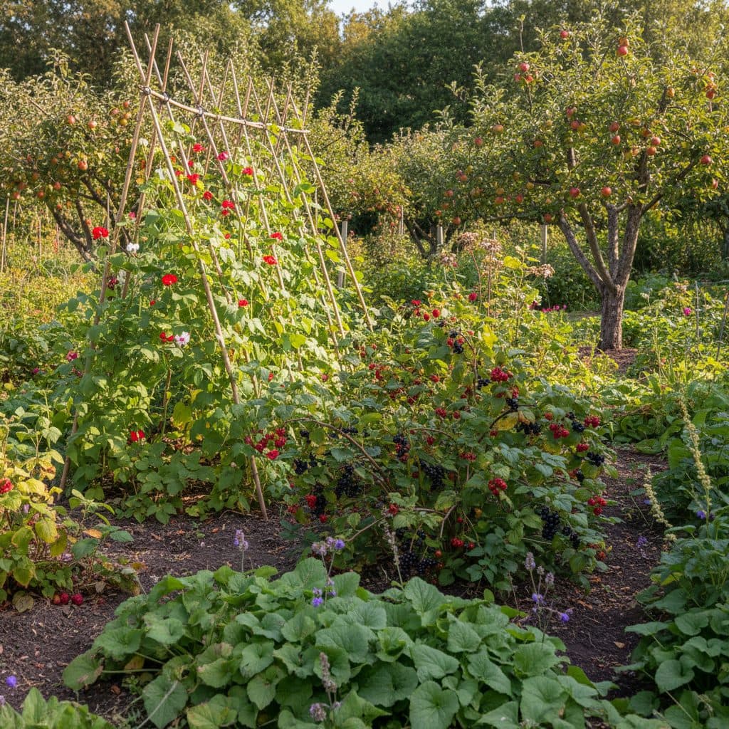 A mature multi-layered UK forest garden in late summer showing fruit trees, berry bushes, comfrey ground cover, and climbing runner beans.