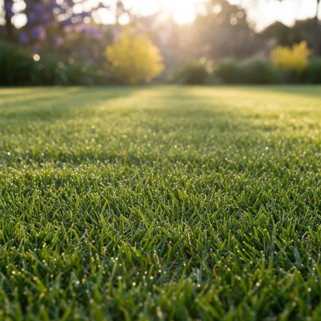 A close-up of a dense green Australian lawn free of prickly bindii weeds under bright spring sunshine.