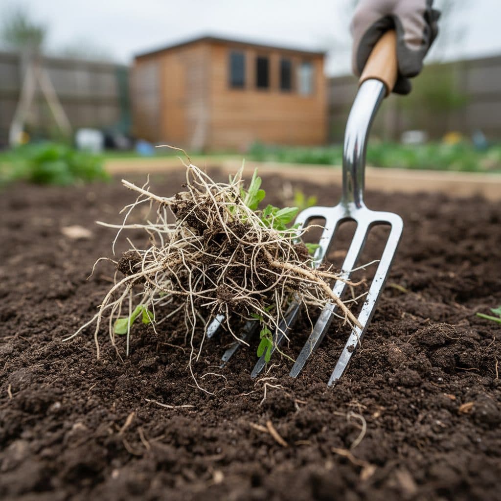 A gardener using a stainless steel border fork to carefully lift wiry white couch grass rhizomes from dark allotment soil without snapping the roots.