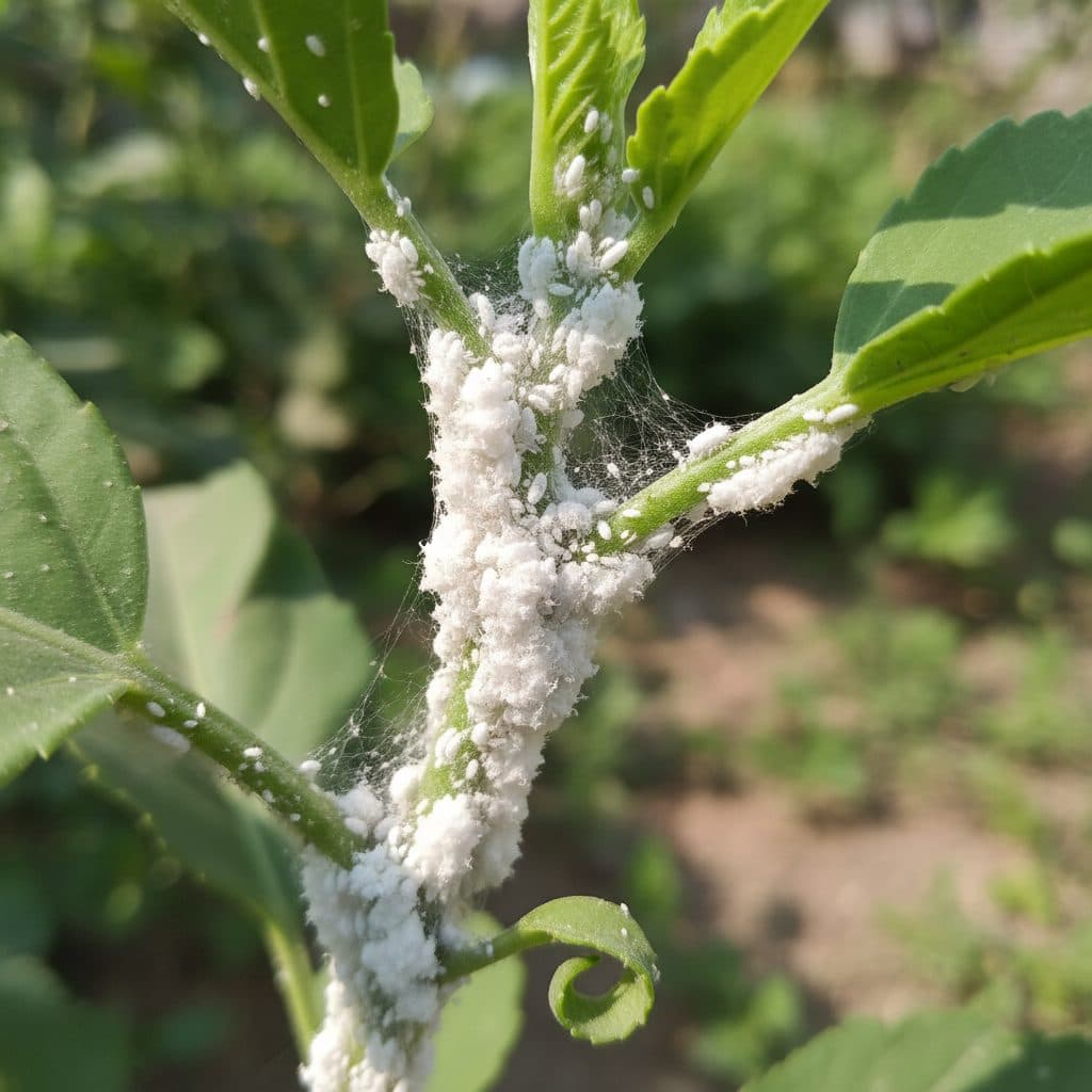 Close-up of white cottony mealybugs infesting the tender green stem and leaf axils of an urban garden plant in India.