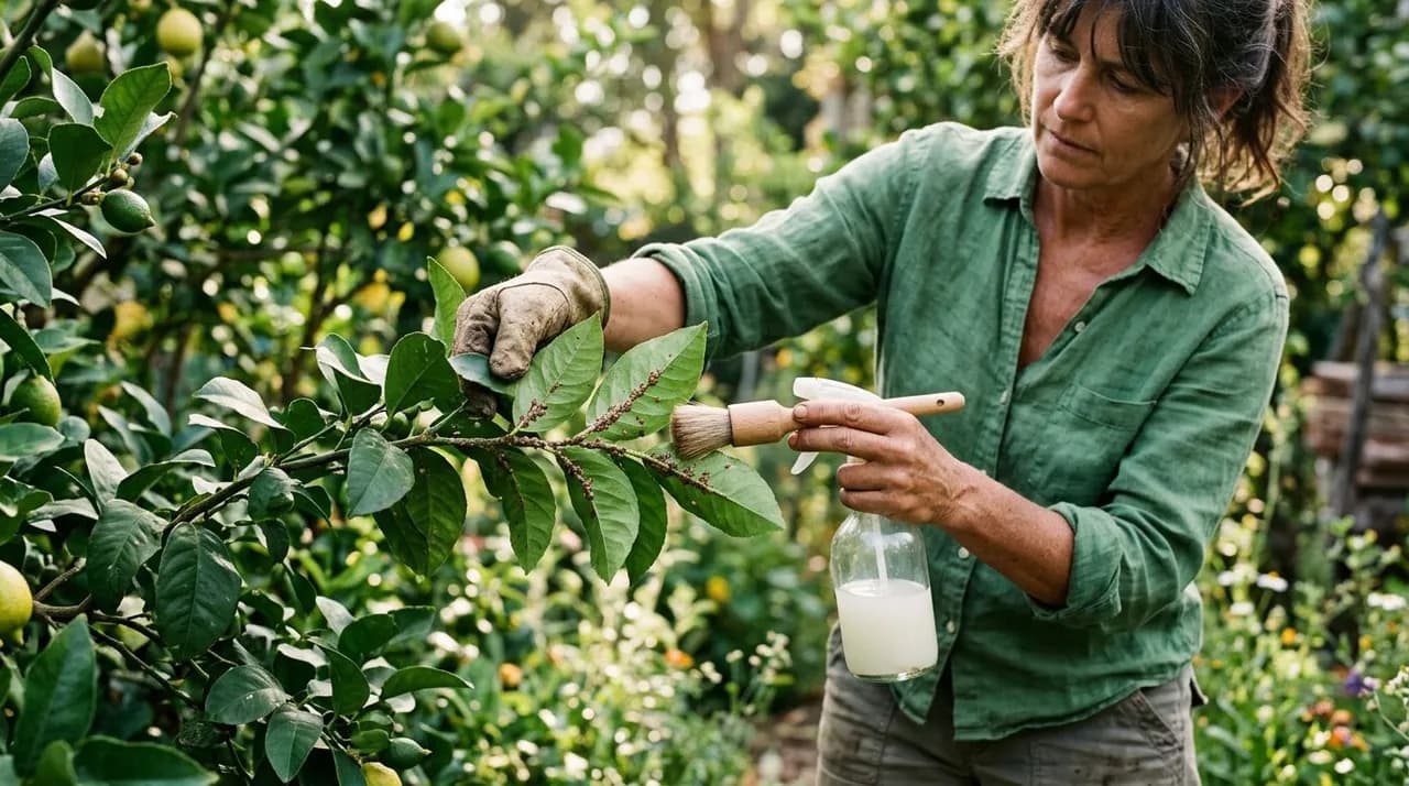 A gardener gently inspecting the underside of a citrus branch, treating brown scale insects with a natural horticultural oil spray and soft brush.