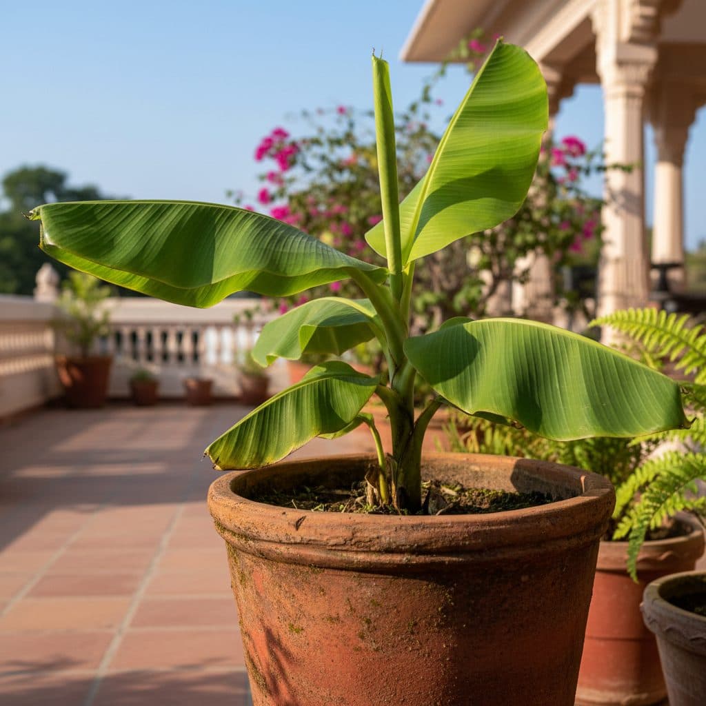 A thriving dwarf banana plant growing in a large terracotta pot on a sunny Indian terrace with lush broad green leaves.