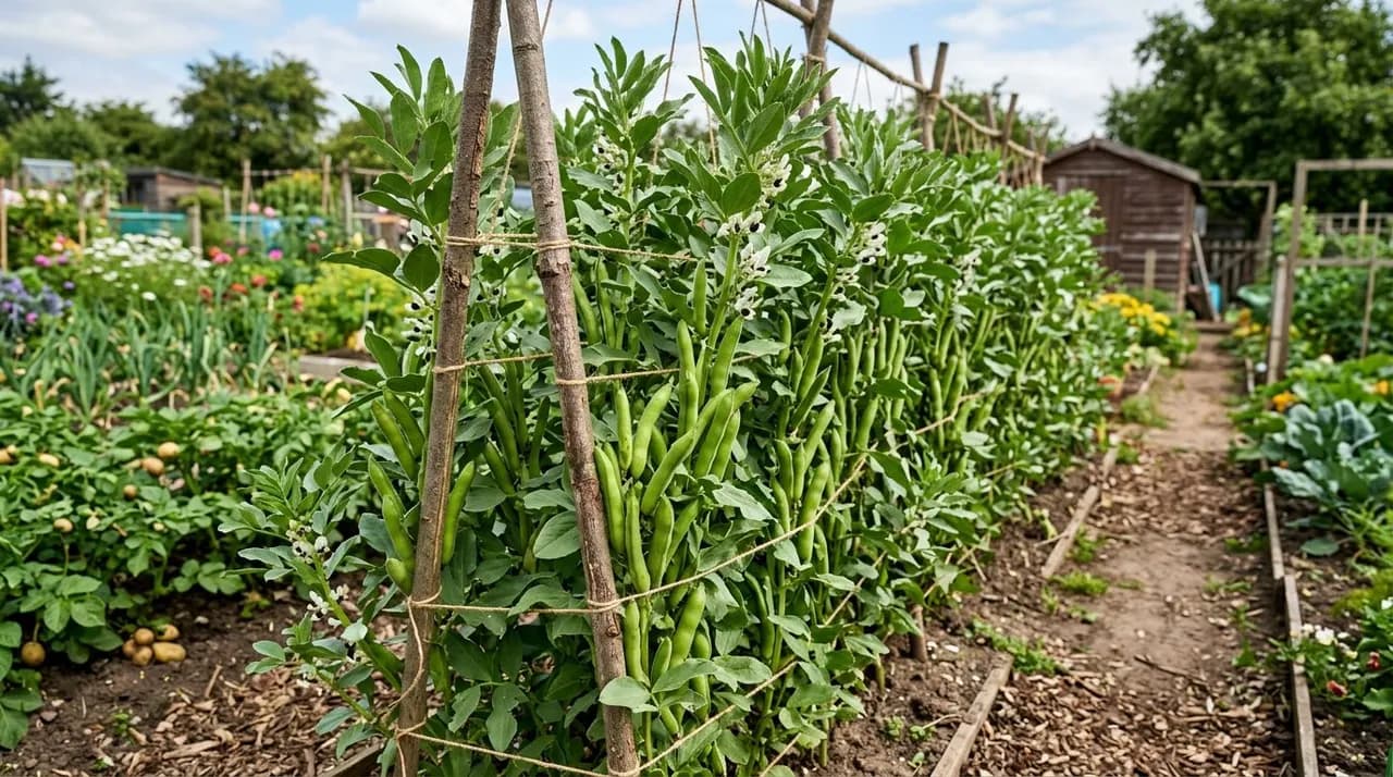 Healthy broad bean plants laden with upright green pods growing in neat, well-staked double rows on a sunny British allotment plot.