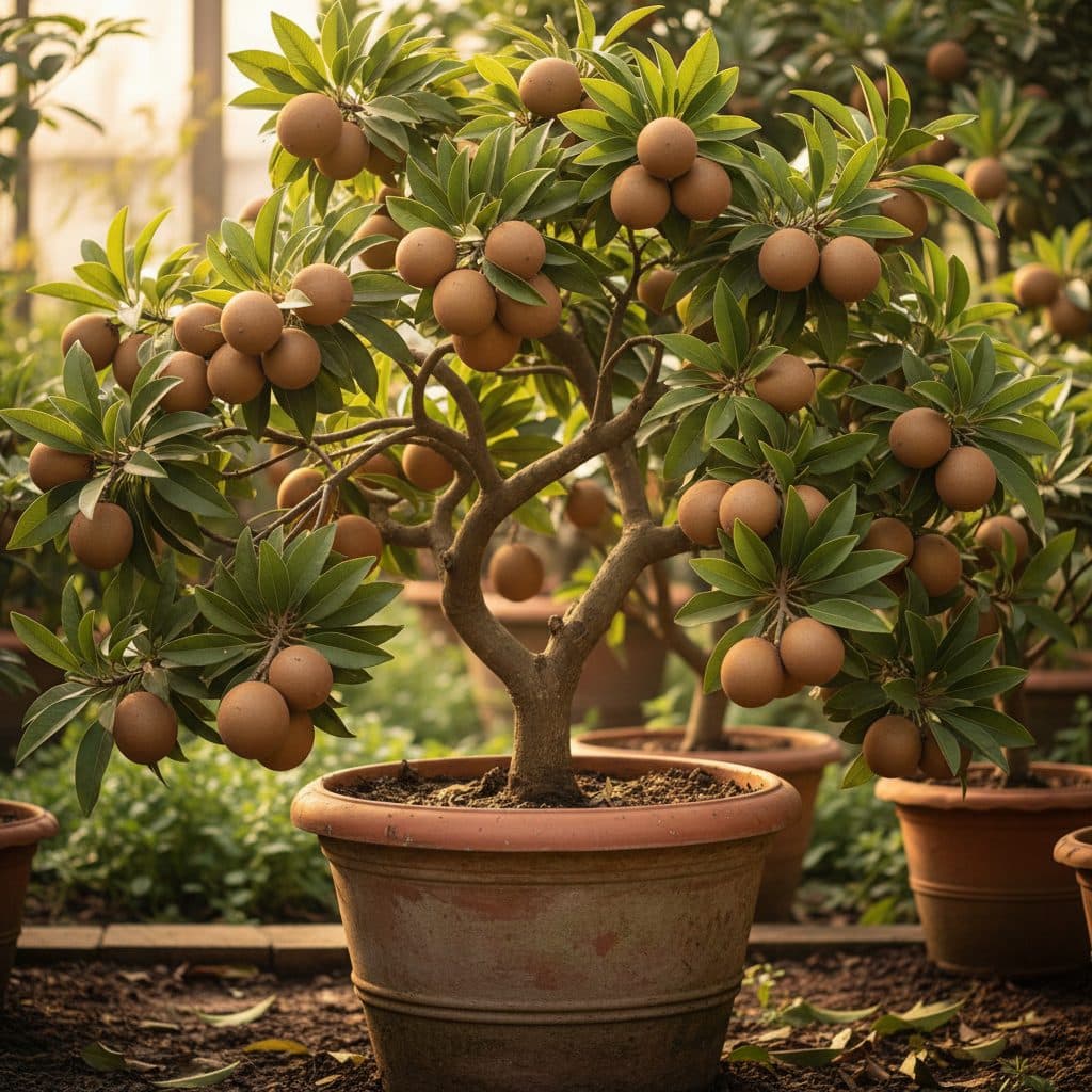 A fruitful grafted chiku tree in a terracotta container with clusters of round brown sapota fruits hanging from lush green branches.