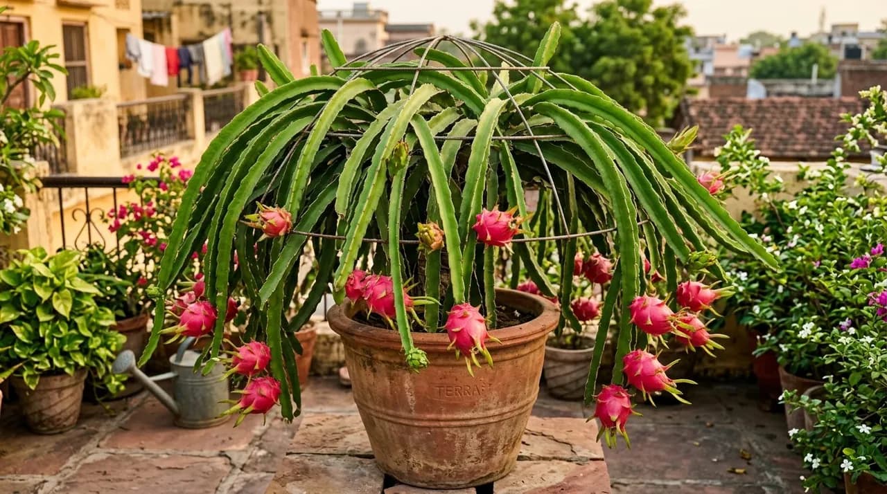A mature dragon fruit cactus growing in a large terrace pot in India, with weeping stems overflowing an umbrella trellis laden with bright pink ripe fruit.