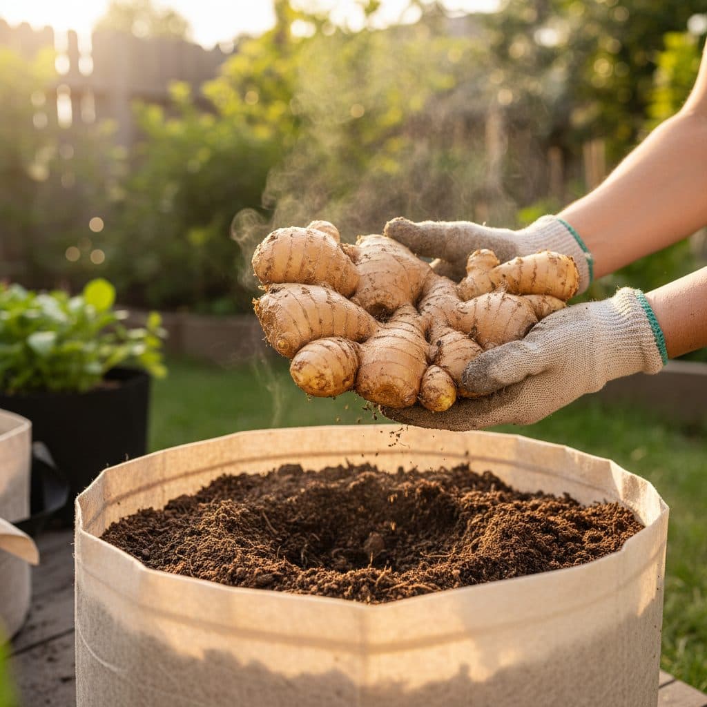 A gardener gently lifting a plump, fragrant clump of freshly harvested ginger rhizomes from a wide fabric container filled with dark, loose potting mix.