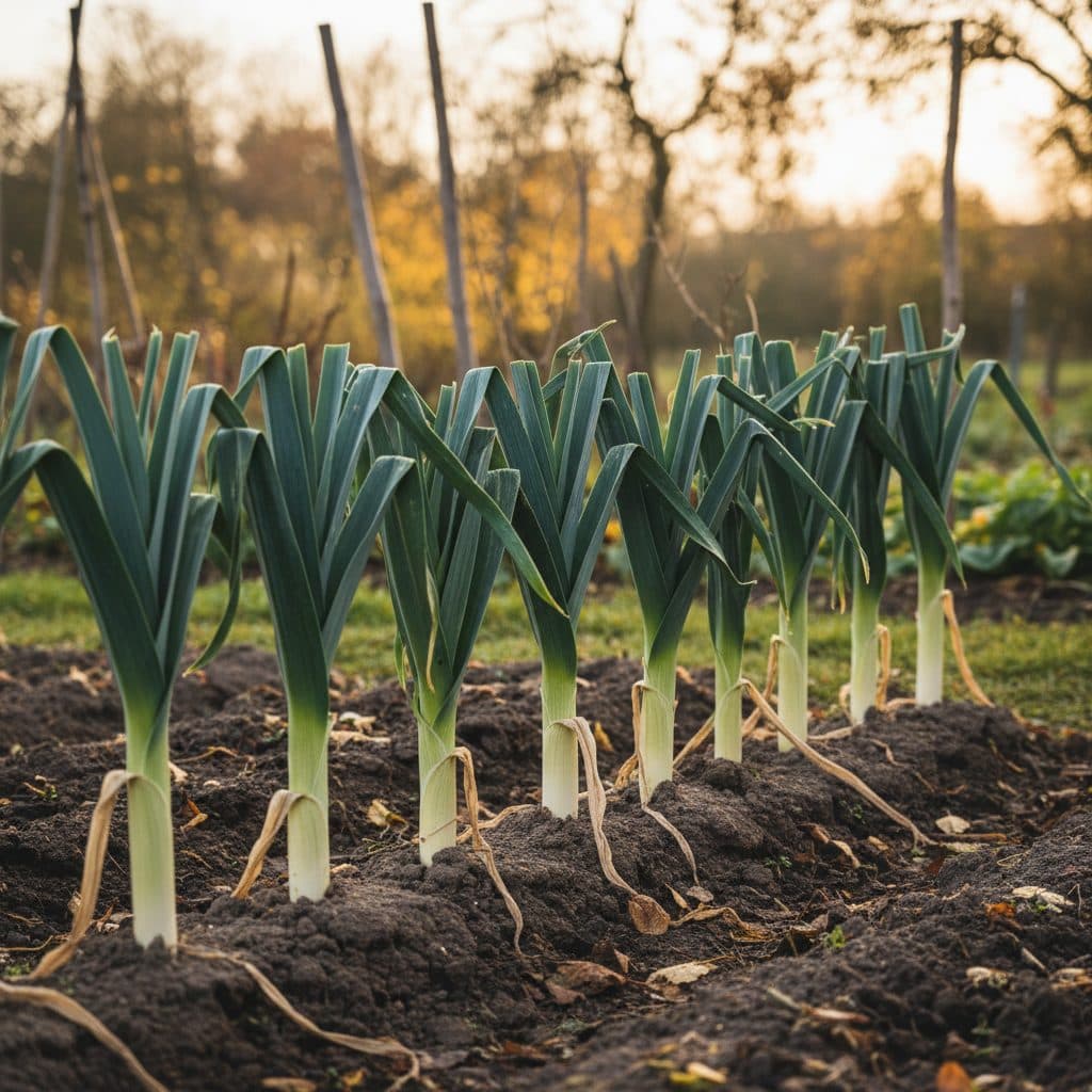 A row of sturdy, healthy leeks with tall blanched white stems and dark green flags growing in fertile, dark allotment soil during autumn.