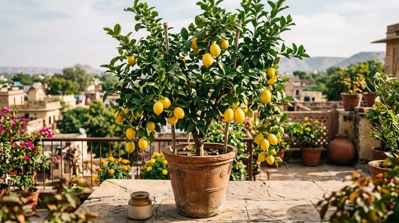A potted Kagzi nimbu carrying a heavy crop of small round green-yellow limes in a large terracotta pot on a sunny Indian terrace.