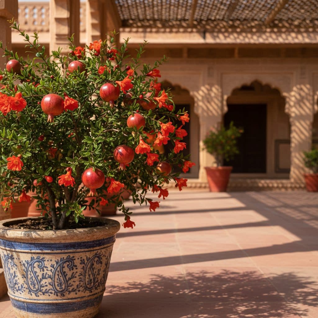 A dwarf pomegranate bush in a large ceramic planter on an Indian terrace bearing ripe ruby-red anar fruits and bright scarlet blooms.
