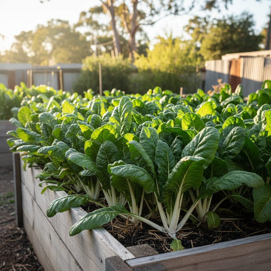 Vibrant green silverbeet plants with thick white stems growing vigorously in an Australian raised timber vegetable garden bed under morning sun.