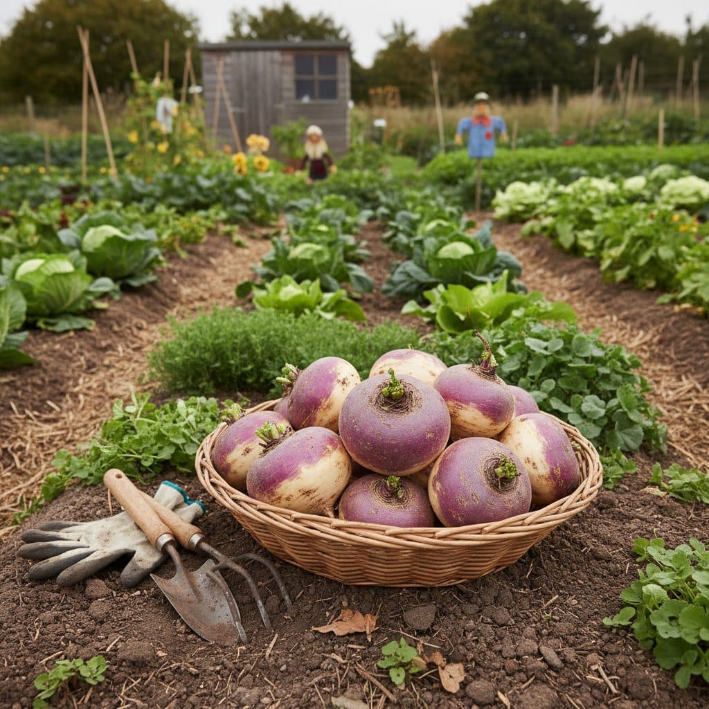 A basket of freshly harvested purple-topped swedes sitting beside garden tools on a productive British allotment plot.