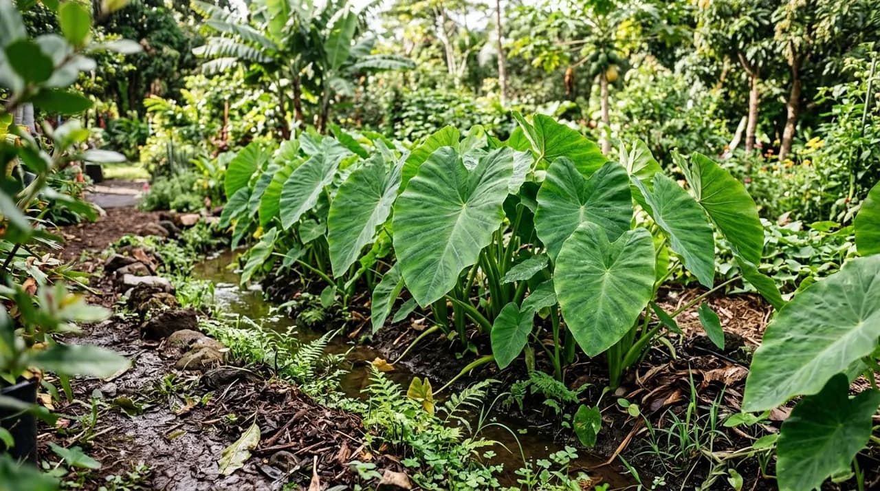 A lush stand of vibrant green taro plants with massive heart-shaped leaves growing along the moist edge of a productive garden permaculture swale.