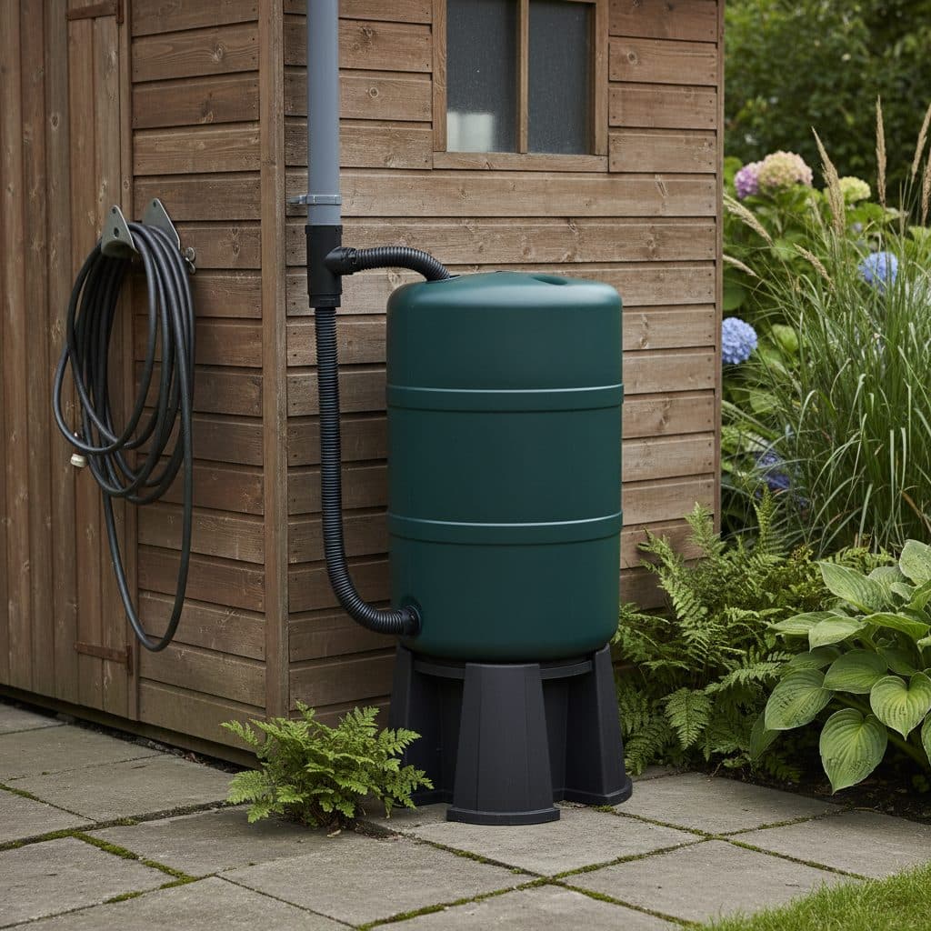 A dark green 200-litre garden water butt positioned on a sturdy black plastic stand beside a wooden shed with a connected rainwater downpipe diverter.