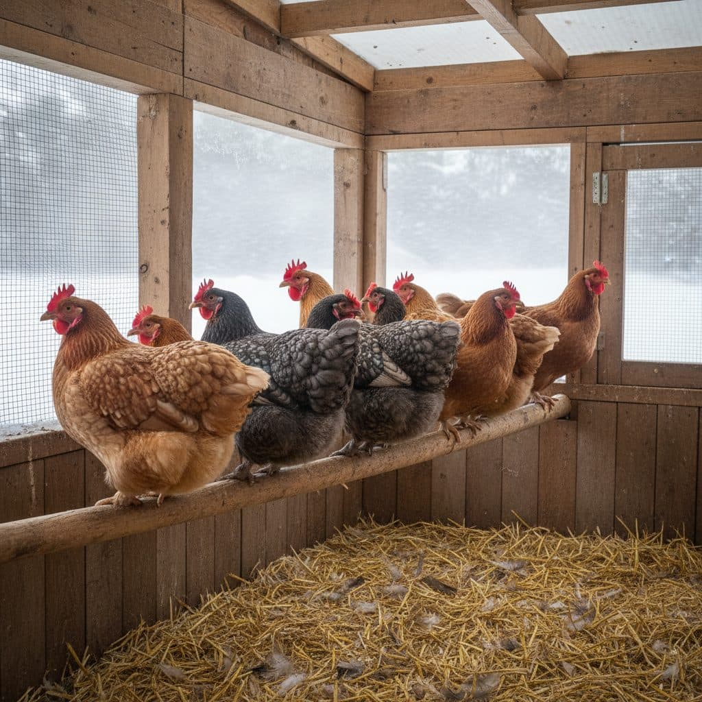 A flock of cold-hardy heritage hens roosting comfortably inside a well-ventilated, straw-bedded wooden chicken coop during a Canadian snowstorm.