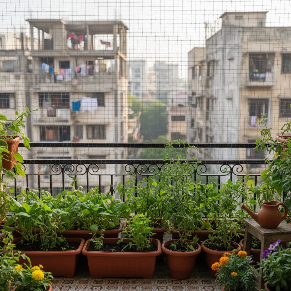 An Indian urban balcony garden protected by transparent nylon pigeon netting with thriving green vegetable containers along the railing.