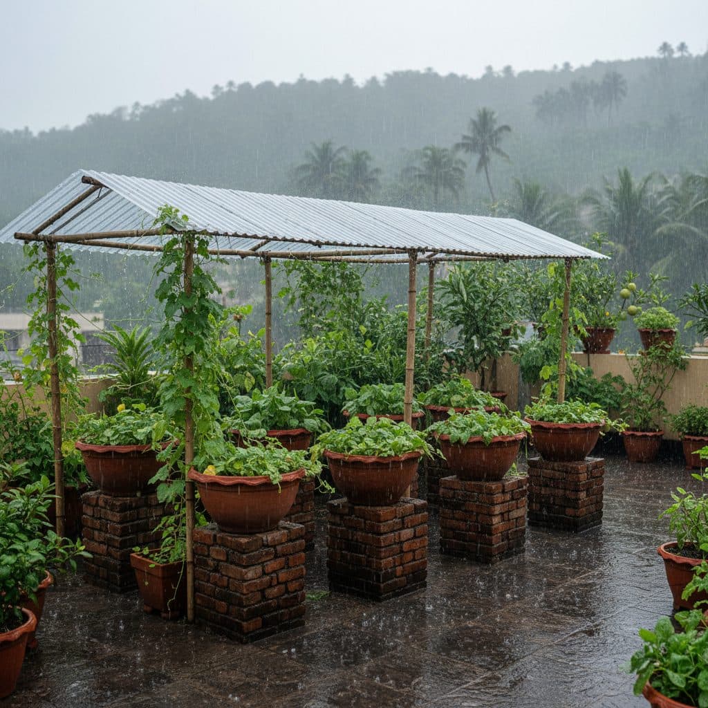 A lush Indian terrace garden in monsoon season with potted vegetables elevated on brick stands under a protective transparent rain shelter.