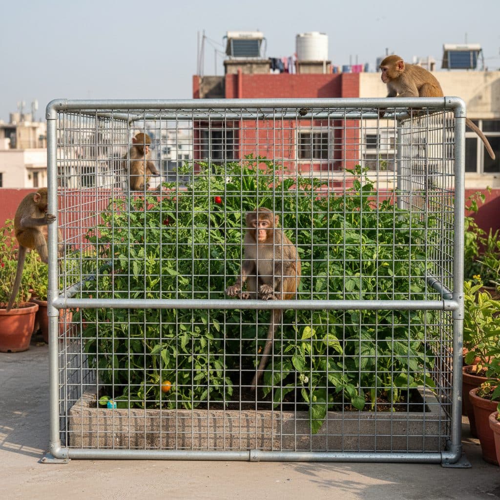 A sturdy galvanized iron wire mesh enclosure protecting vegetable plants on an urban Indian terrace garden against rhesus monkeys.