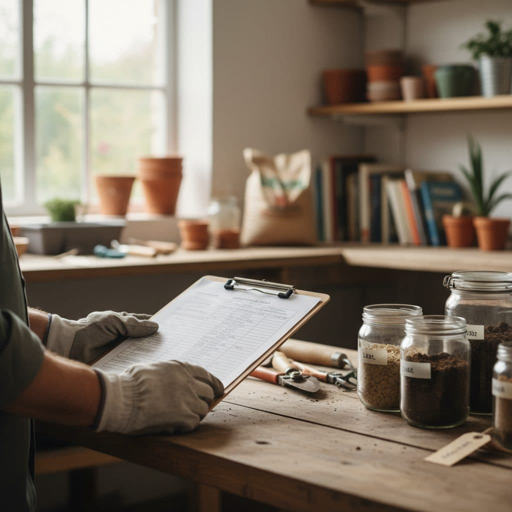A gardener reviewing a printed laboratory soil test report clipboard beside jars of soil samples and garden tools in a workshop.