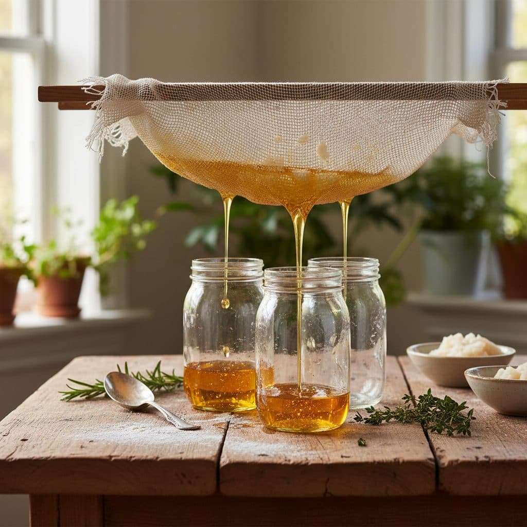 Golden liquid rendered beef tallow being strained through fine cheesecloth into clean glass mason jars on a rustic homestead kitchen table.