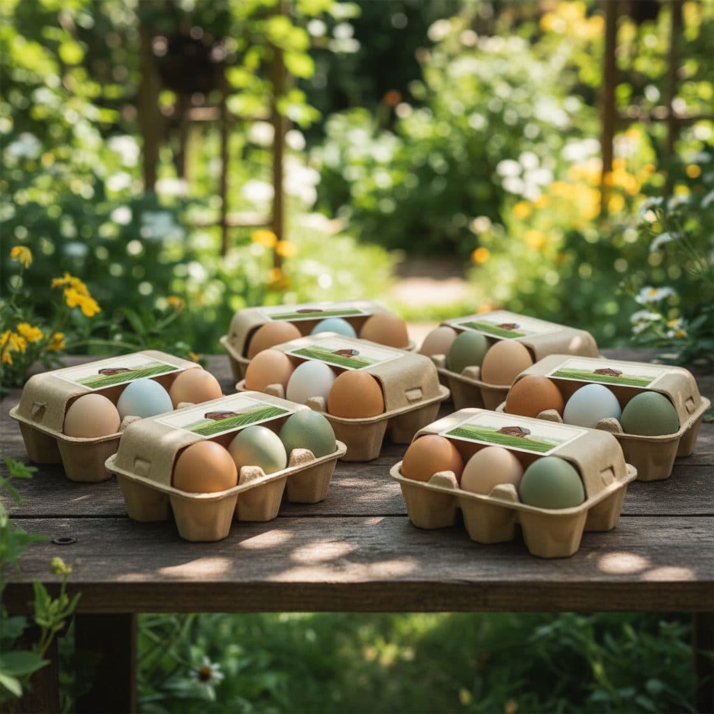 Fresh farm eggs in various brown, blue, and olive shades packed into clean cardboard cartons with a simple farm label.