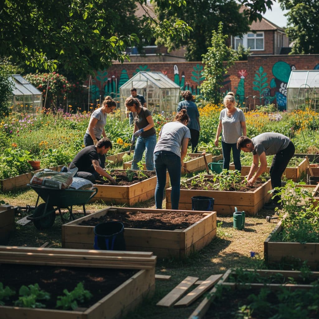 A vibrant UK community garden with diverse local volunteers constructing timber raised beds and planting vegetable seedlings on a sunny afternoon.