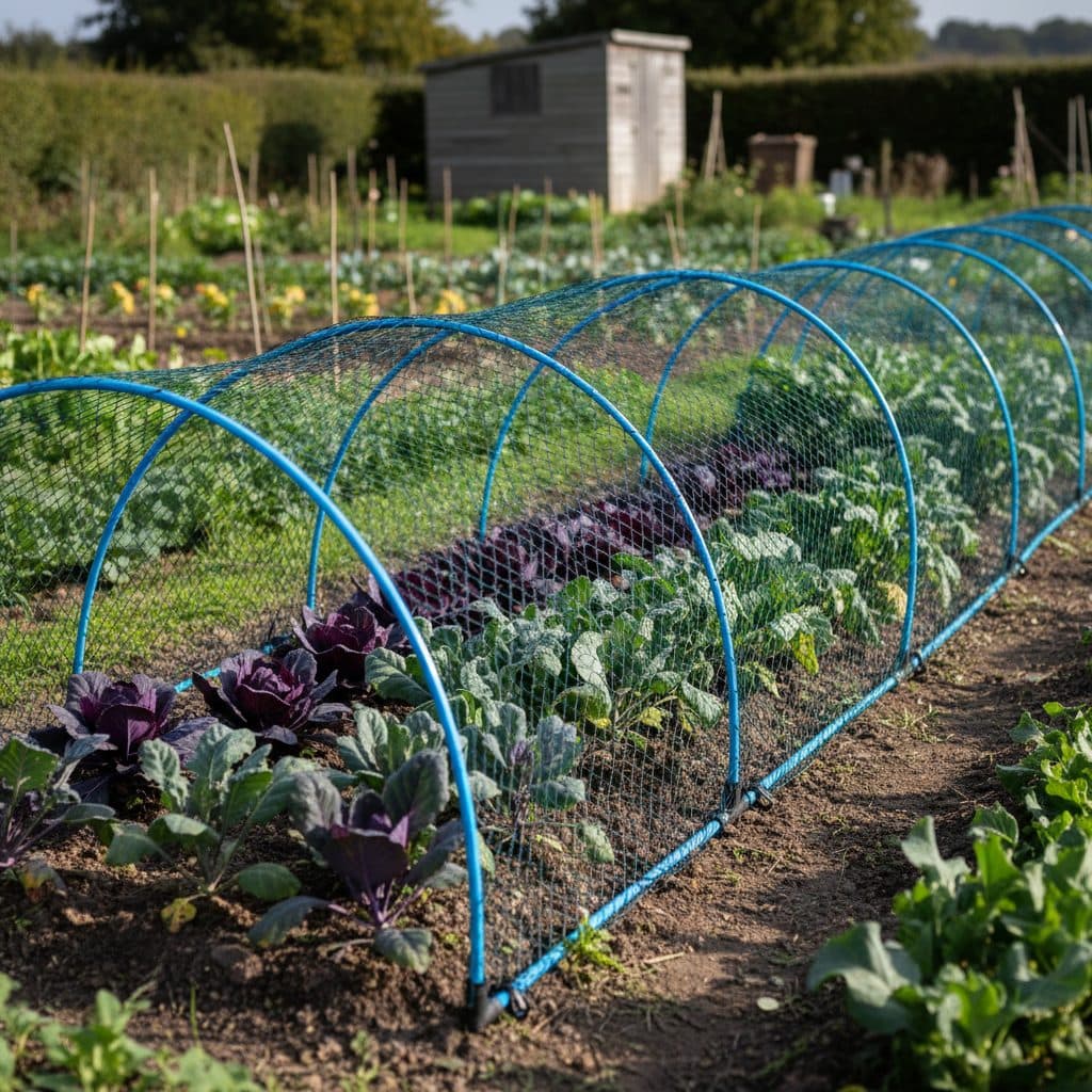 A neatly netted UK allotment brassica bed with taut green bird netting stretched over blue MDPE pipe hoops to exclude wood pigeons.
