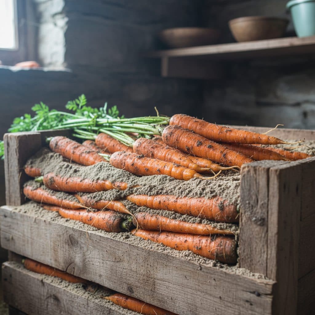 Freshly harvested, unwashed orange carrots packed neatly in layers of damp sand inside a wooden root cellar storage crate.