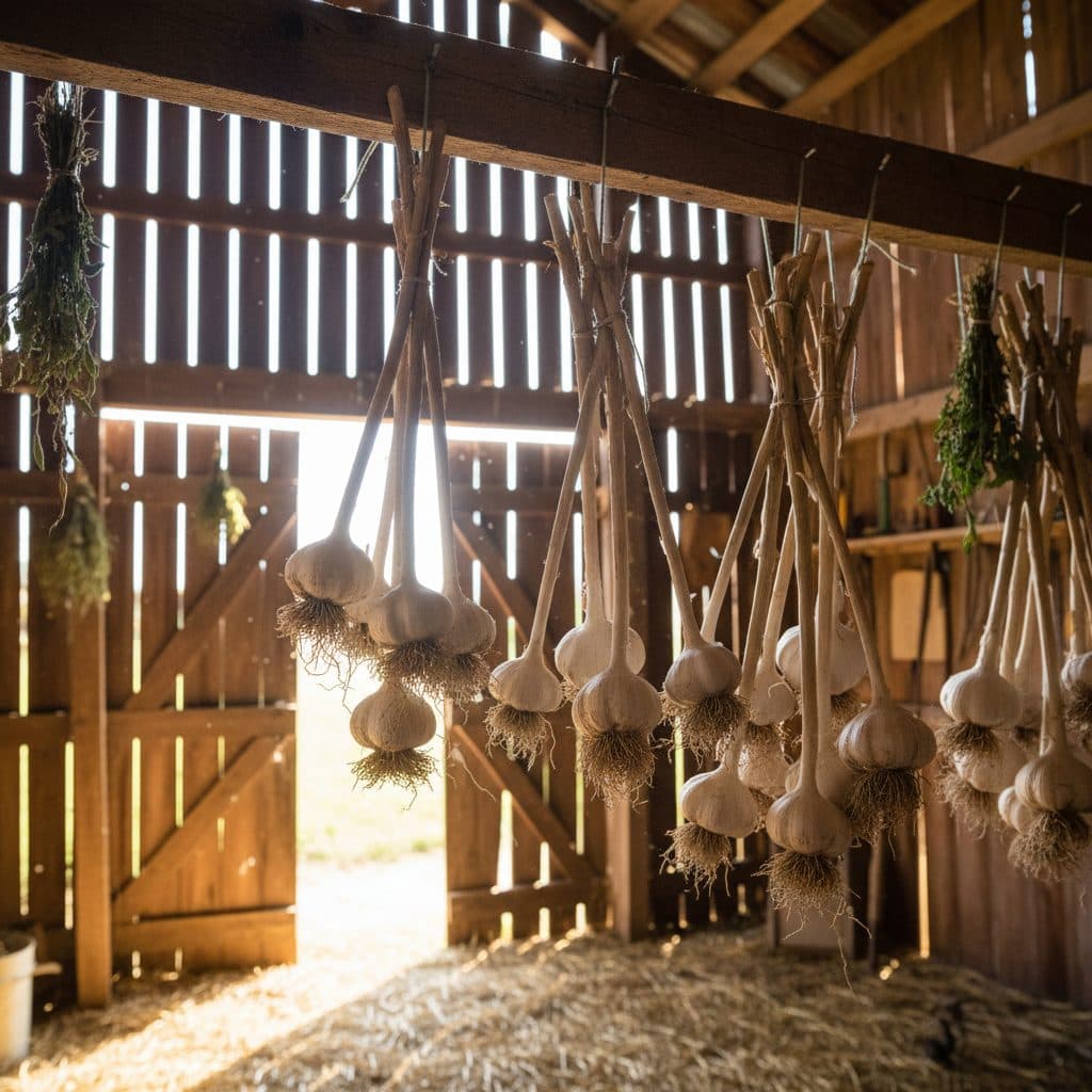 Cured hardneck garlic bulbs with clean papery wrappers hanging in tied bundles from wooden rafters in a dry, well-ventilated homestead barn.