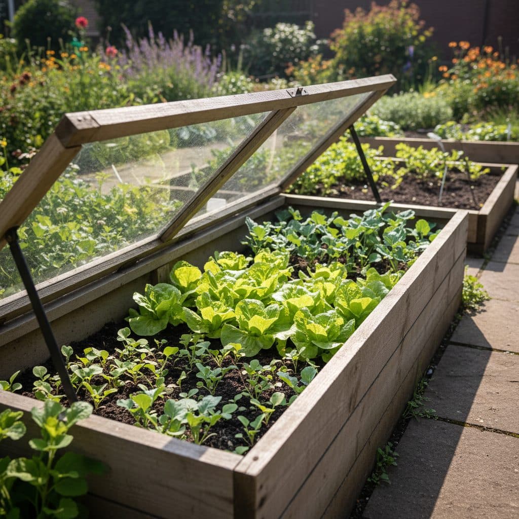 A wooden cold frame with open glass lid showing healthy young brassica and lettuce seedlings growing inside a sunny UK garden.