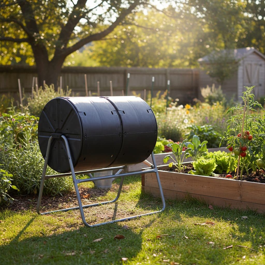 A dual-chamber black plastic compost tumbler on a steel stand in a sunny backyard garden next to a raised vegetable bed.