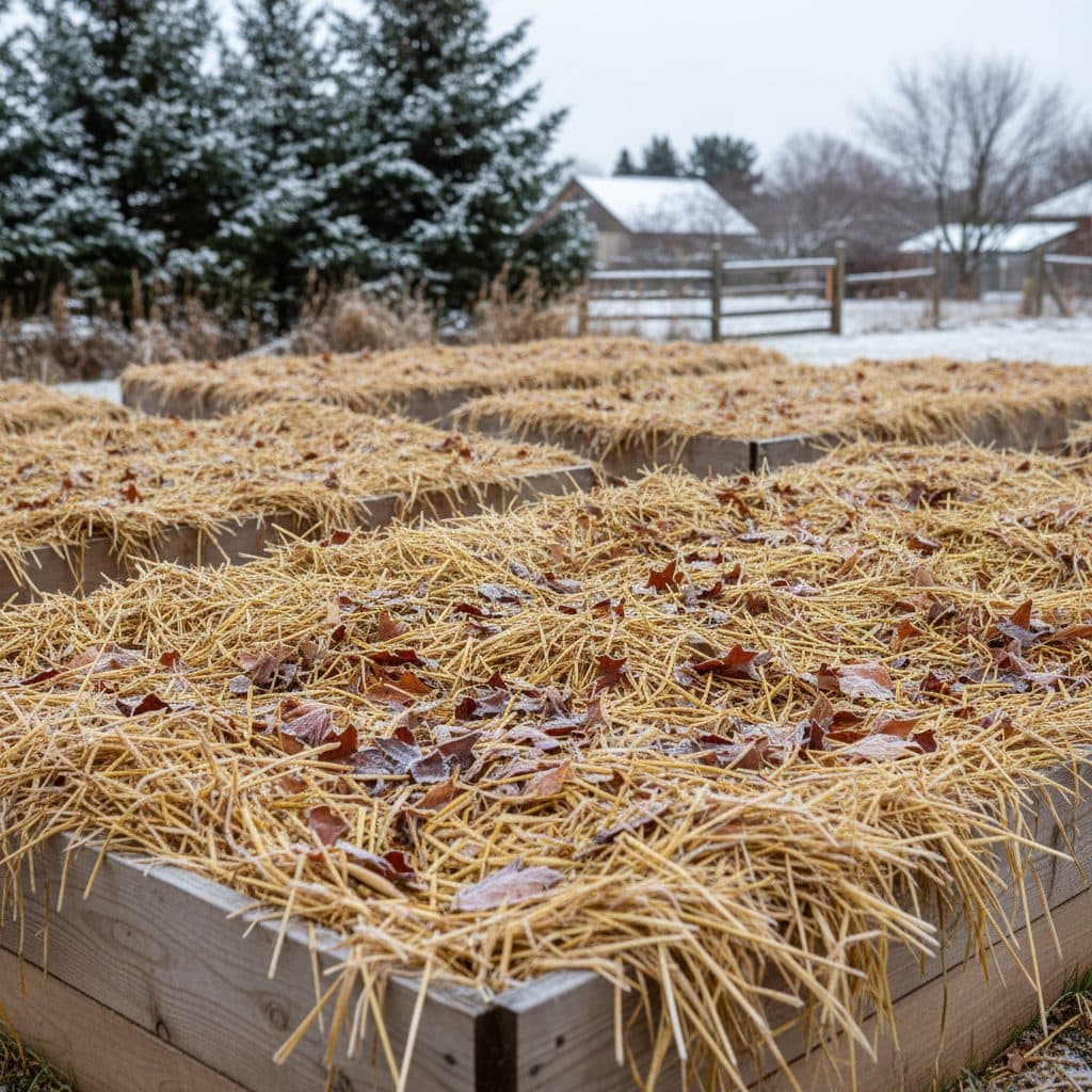A Canadian raised bed vegetable garden prepared for sub-zero winter with a thick protective blanket of clean golden straw and chopped leaves.