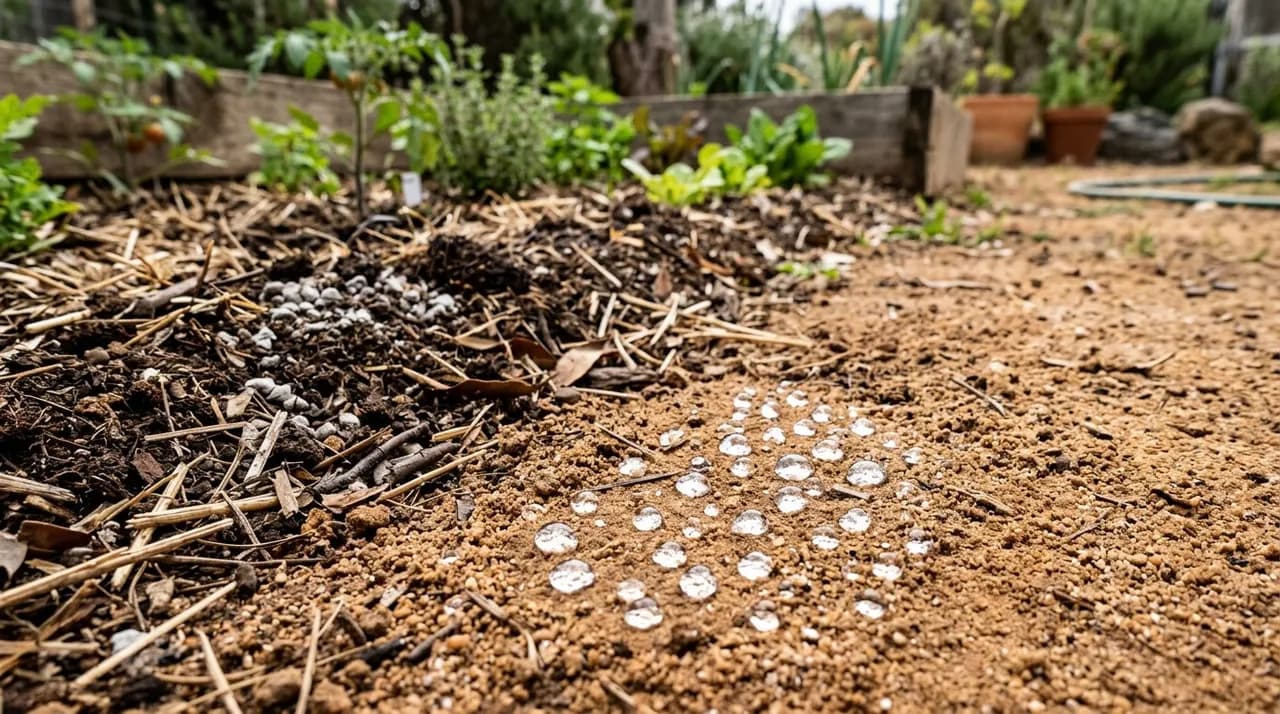 Water beading up into droplets on dry Australian sandy soil surface next to a garden bed being treated with organic amendments and bentonite clay.