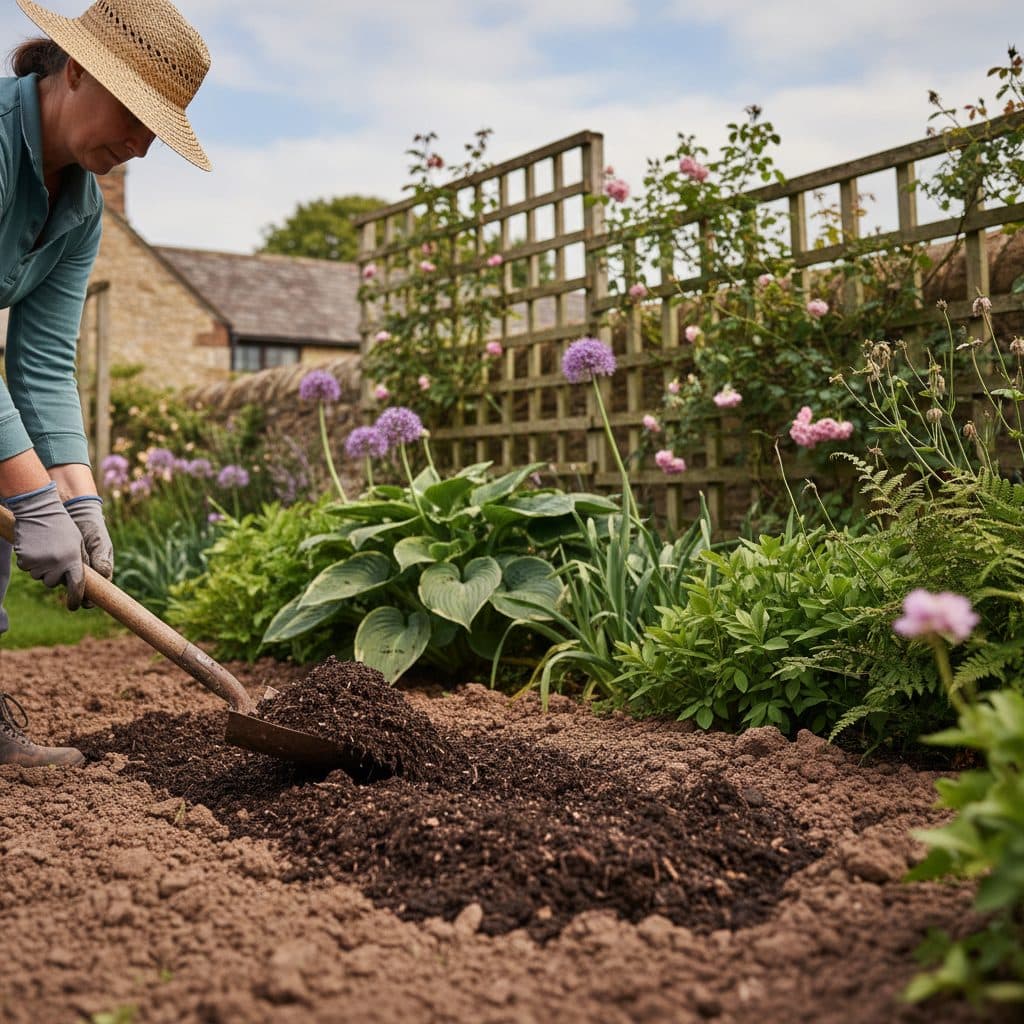 A gardener top-dressing heavy clay soil with dark well-rotted organic compost and leaf mould using a spade in a British garden border.