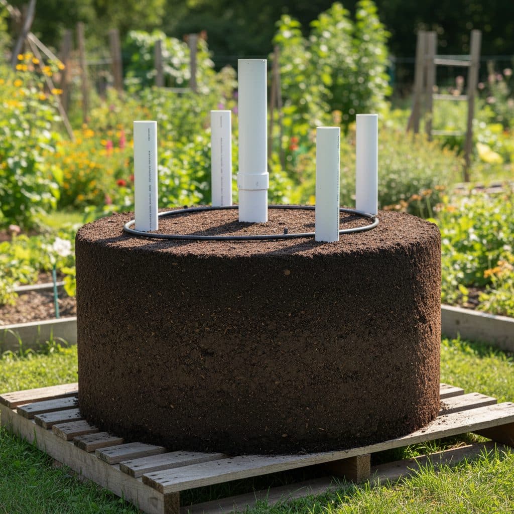 A completed Johnson-Su bioreactor on a wooden pallet base with vertical aeration chimneys and a drip irrigation ring on top.