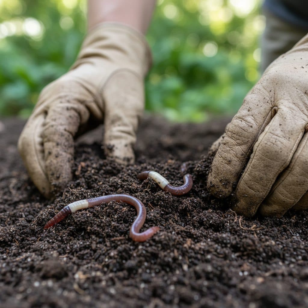 A gardener examining invasive jumping worms on dark soil, showing their smooth milky-white clitellum and characteristic coffee-ground soil texture.
