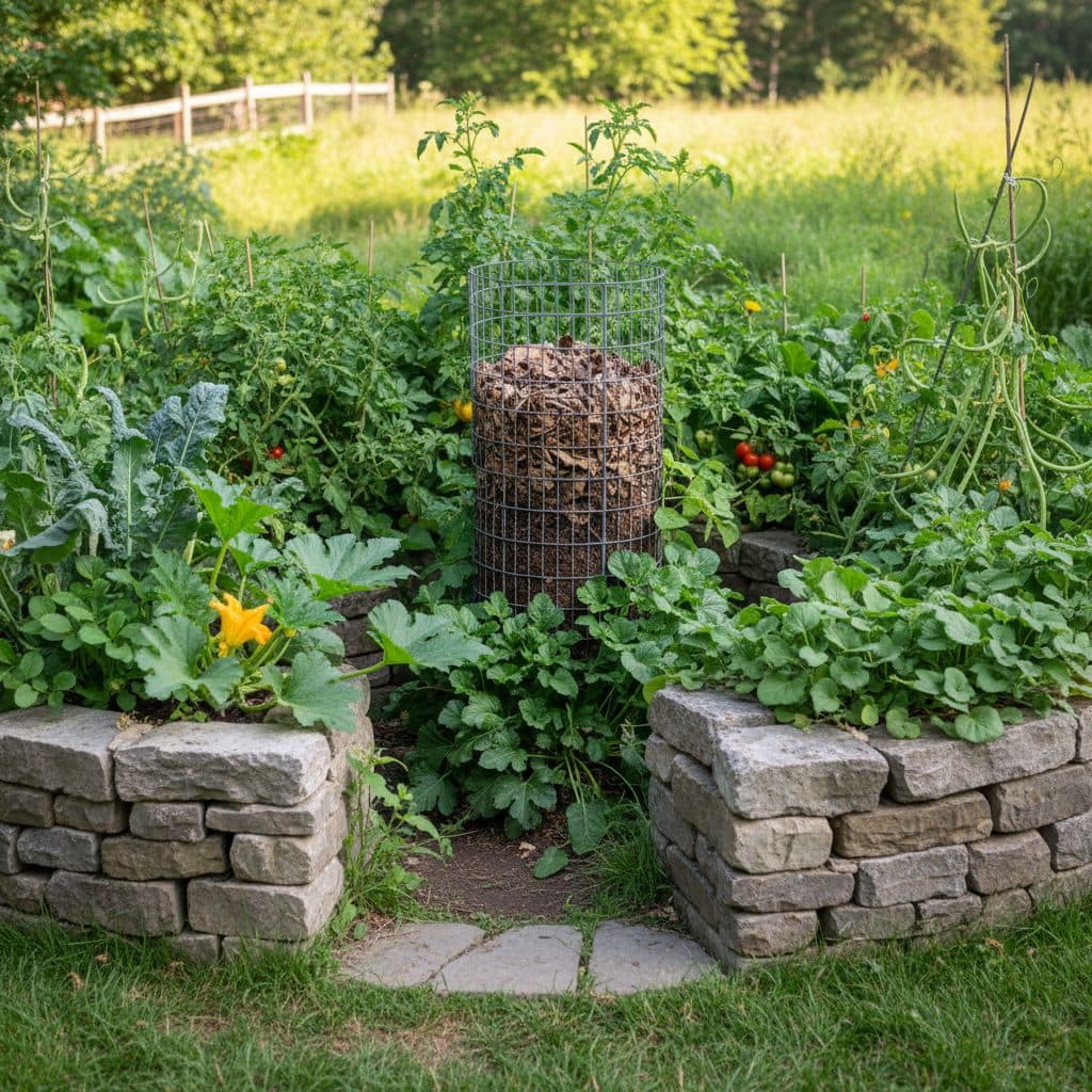 A stone-walled circular keyhole garden with lush vegetables, an access notch, and a central wire composting basket.