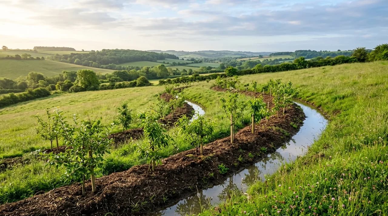 An earthen contour swale curving across a grassy hillside holding infiltrated rainwater, with young fruit trees planted along the mulched downhill mound under morning light.