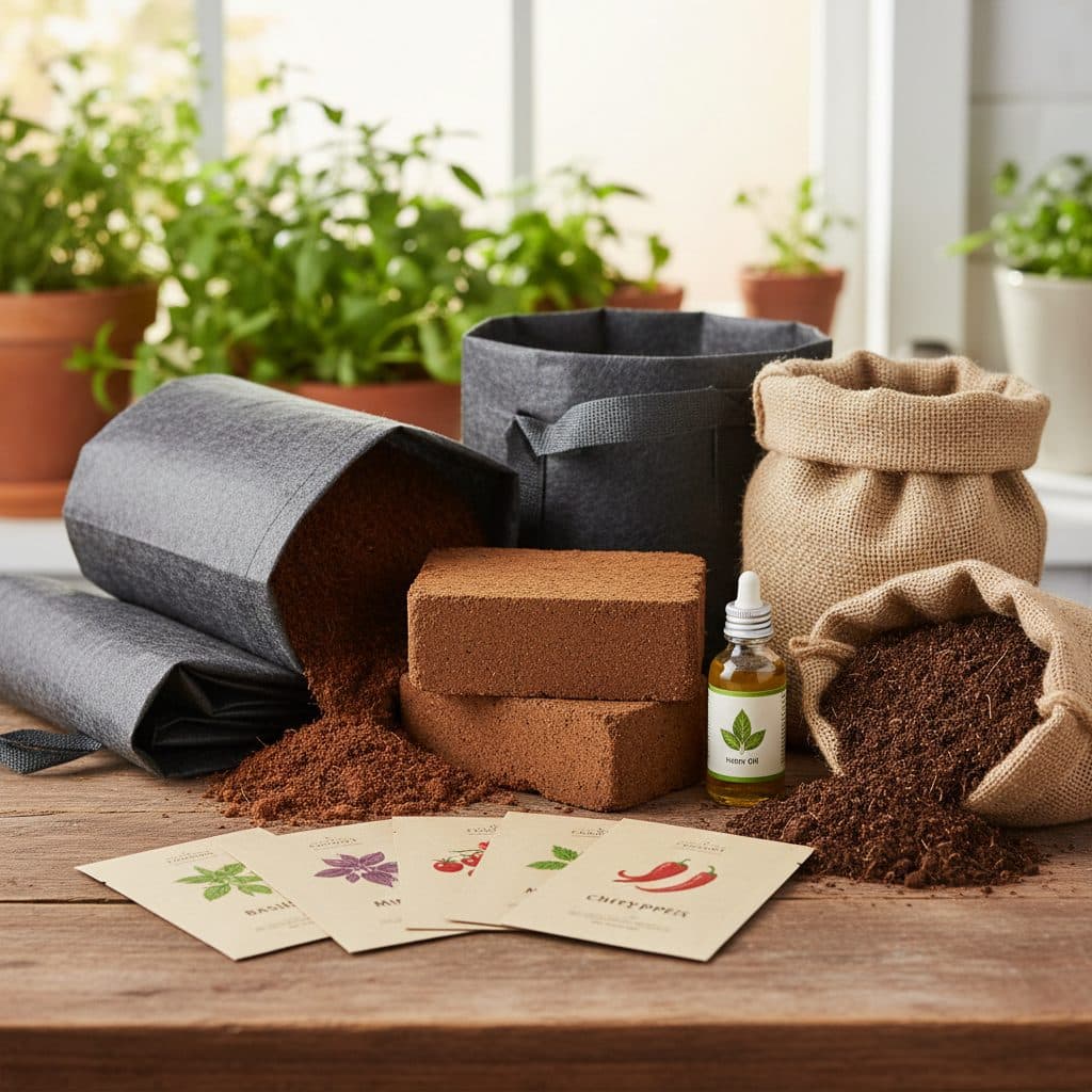 An unboxed kitchen garden starter kit showing durable HDPE grow bags, expanded cocopeat bricks, seed packets, neem oil, and organic vermicompost.