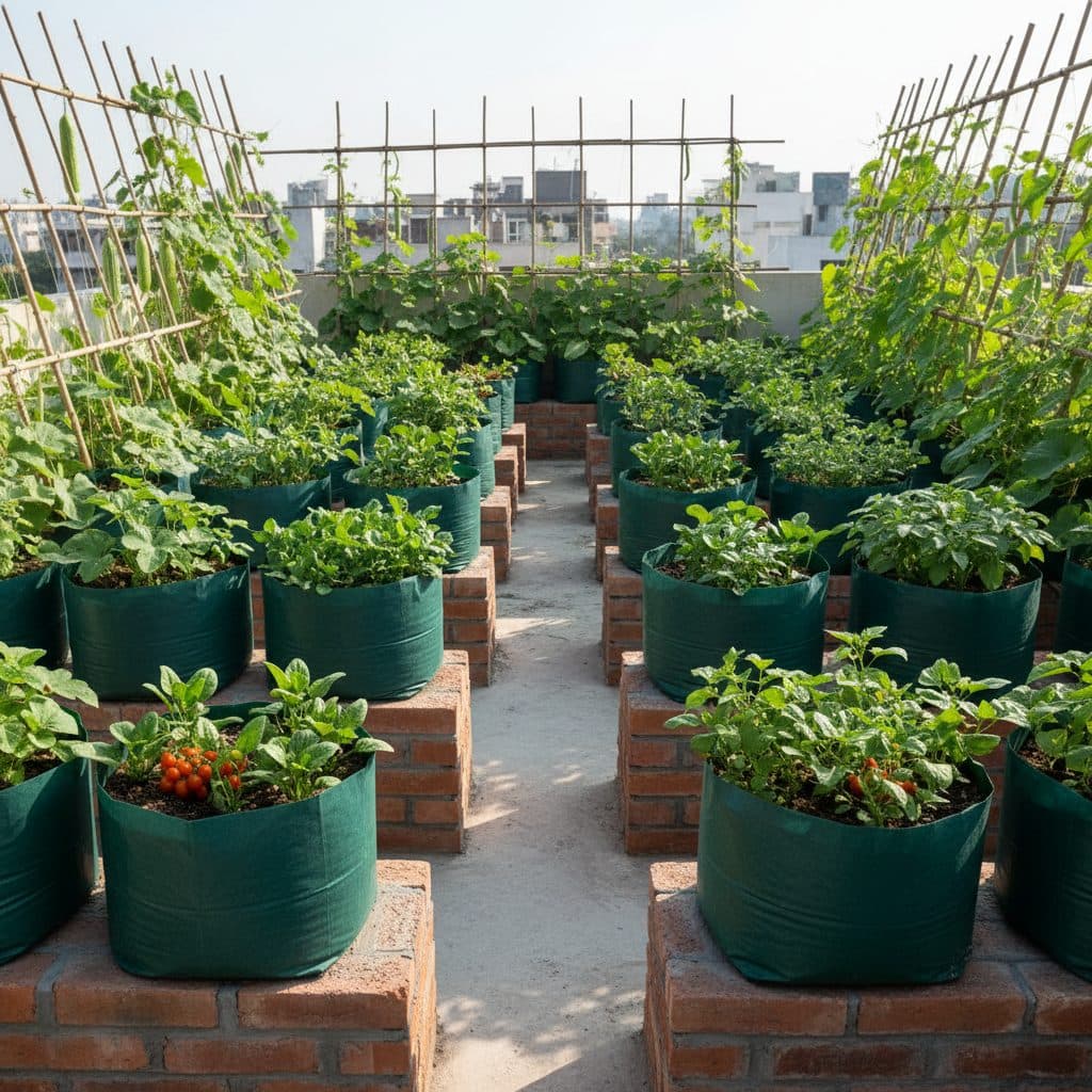 A well-organised Indian terrace kitchen garden with neat rows of green HDPE grow bags on brick stands, climbing trellises, and lush vegetables.