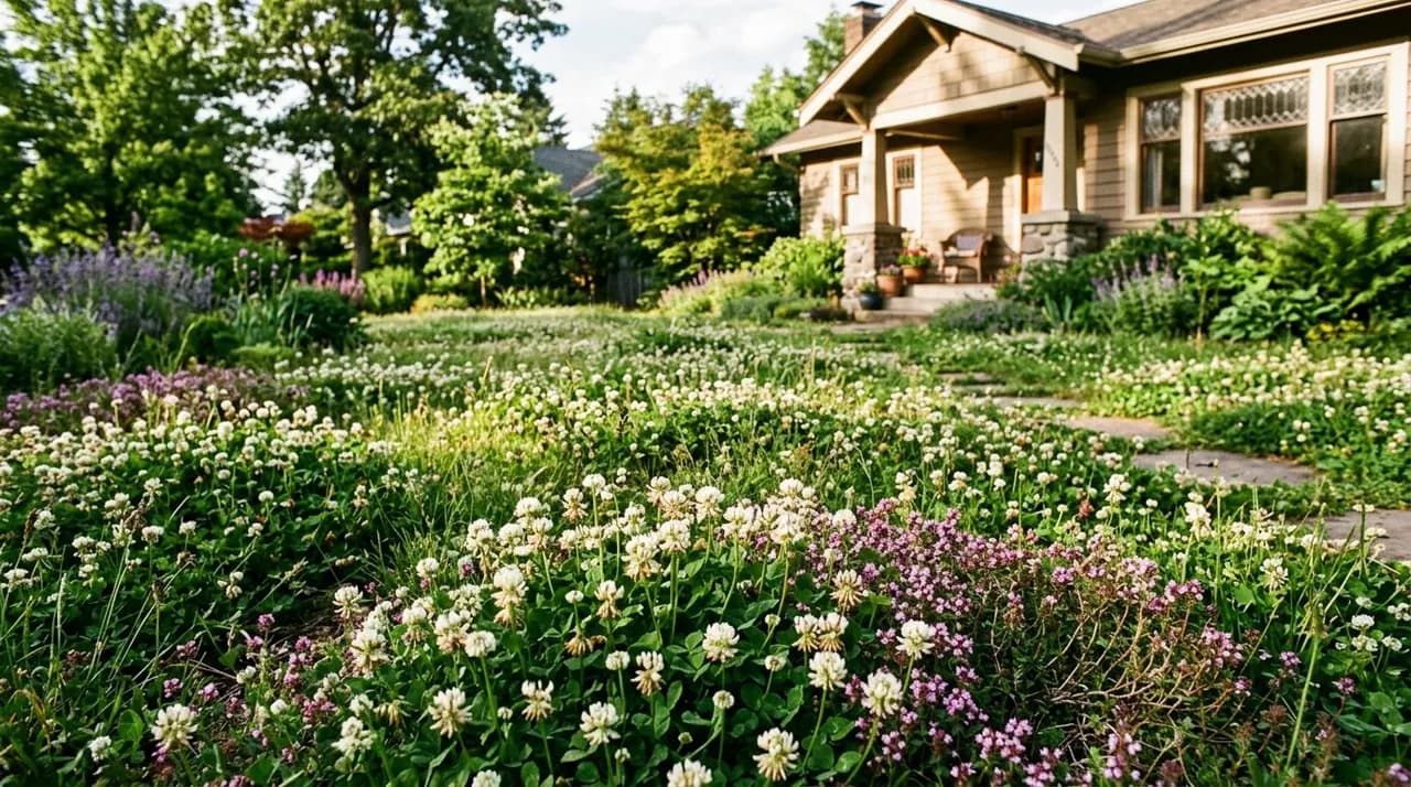 A lush, flowering white clover and creeping thyme living lawn thriving in a sunny suburban front yard without chemical fertilizers or weekly mowing.