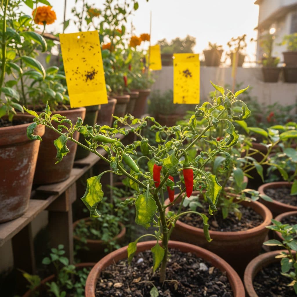A close-up of a chilli plant in an Indian terrace garden showing upward curling leaves and yellow sticky insect traps in the background.